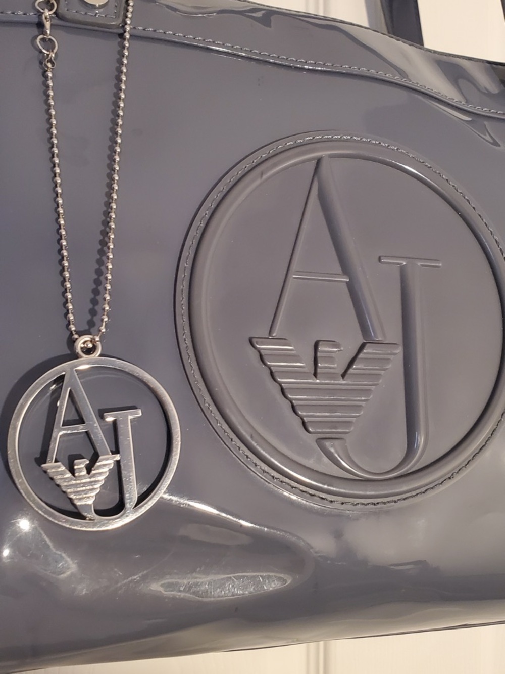 Emporio Armani Glossy Gray Patent Tote with Logo Charm - Picture 2 of 6